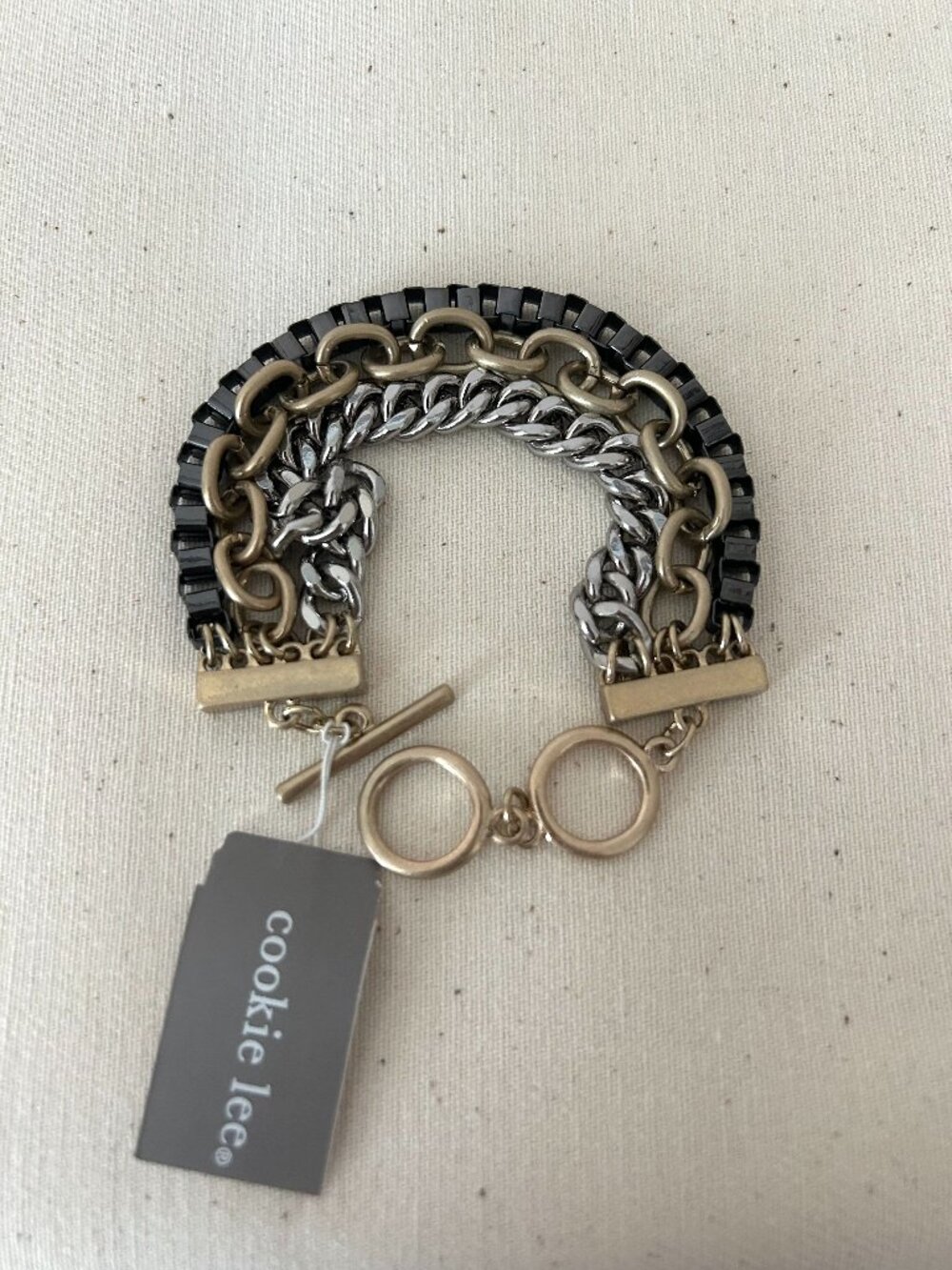 Cookie Lee Vintage Multi-Strand Mixed Metal Chain Toggle Bracelet